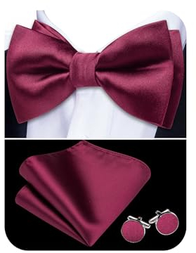 Barry.Wang Herren Paisley Seide Vorgebundene Fliege Set Einstecktuch und Manschettenknöpfe für Hochzeiten und formelle Veranstaltungen, weinrot, Einheitsgröße