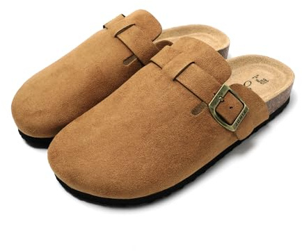 JOMIX Chaussons Sabots Femme en Daim avec Boucle Élégant Pantoufles Sandales à Semelle en Liège Confortable pour Intérieur et Extérieur MD2438 (Kaki, 37)