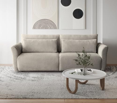BEAUTY SOFA - Samir Couch, Sofa mit Schlaffunktion - Breite 240cm - Liegefläche 200×146cm - Schlafsofa, Schlafcouch für Wohnzimmer, Schlafsofa mit Bettkasten, Kord Dunkelbeige (Tilia 08)
