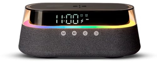 Dudùu - Cosmo Lampada da Comodino Multifunzione con Radio FM/AM, Speaker Bluetooth, Orologio Digitale e Ricarica Wireless Qi, Stazione Smart con Luce LED RGB e Sveglia (Grigio Scuro)