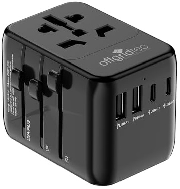 Offgridtec Universal-Reiseadapter weltweit, 2X USB-A + 2X USB-C (schwarz) | Universal-AC-Steckdose, 10A/2500W, 160+ Länder, EU/UK/US/AUS-Stecker, flammhemmendes Gehäuse, Kindersicherung, 2 Sicherungen