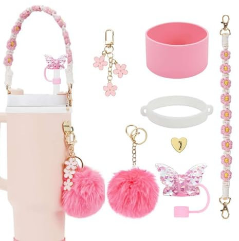 Stanley Tassen-Zubehör-Set – Griffband für Wasserflasche, Silikon für Stanley Cup Boot, 7 Stück/Set Charms für Stanley Cup 30/40 Becher (Rosa)