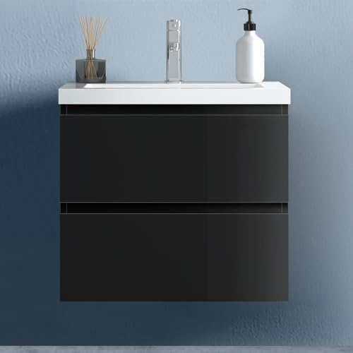 HAPAOSO 60 cm Badezimmermöbel Set Unterschrank Soft Close 2 Schubladen Schwarz Hochglanz Selbstmontierter Unterschrank Mineralguss waschtisch