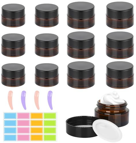 12Pcs Brown Glass Cosmetic Tinted Jars, Amber Glass Jars with Spoon and Sticker, 20ml/30ml Mini Round Amber Sample Jars, Refillable Empty Cosmetic Jars with Lids for Powder Lotion Creams