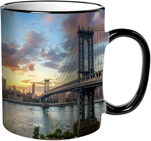 KDWJS Tasse Keramik Kaffeetassen Große 11oz Tassen 330ml Trinkgläser Mit Griff Personalisierte Geschenk Weiß,New York City Waterfront Sonnenuntergang Stadtbild Blick auf den NY Metropolis M River