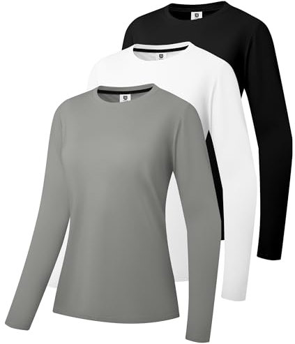 3 Pack Women's Cotton Long Sleeve T-Shirts Round Neck Moisture Wicking Shirts Comfortable Casual Tops Black/White/Grey-01-S