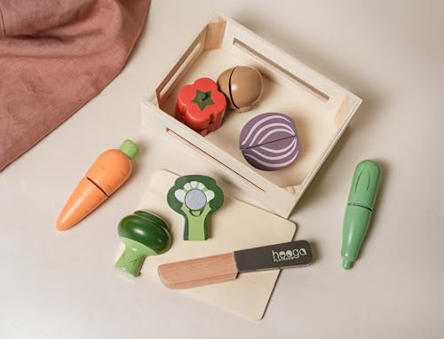 Hooga Wooden Cutting Play Food Set with Crate, Pretend Vegetables, 9 Piece | Wooden Cutting Vegetables, Chopping Board, Toy Knife and Pretend Food Pieces for Kitchen Role Play, Ages 3+