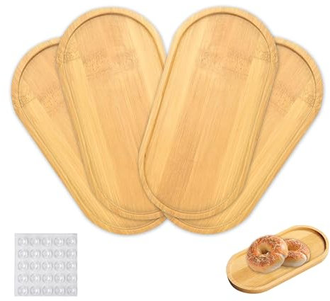 4 Stück Bambus Tablett Klein, 17,5 x 8,7 x 0,9 cm Holztabletts Serviertablett, Klein Teetablett Tablett Bamboo Coaster mit Rutschfesten Selbstklebepunkten für Untersetzer Tee Kaffee Kuchen
