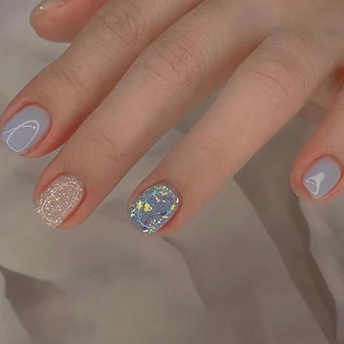 24PCS Short Square Press On Nails for Women, Pink Blue Glitter Fake Nails with Glossy Finish, Full Cover Acrylic Stick On Nails, Reusable and Long-Lasting DIY Nail Kit