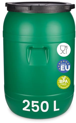 Garronda 250 litros Bidón de plástico, Barril alimentario en HDPE y sin BPA, depósito de Agua, Barril Universal de Boca Ancha, tonel de jardín, Contenedores de Almacenamiento GD-0142, Verde