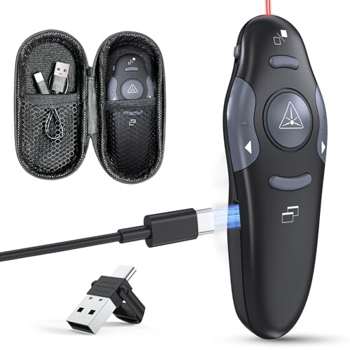 Wireless PowerPoint Presentation Clicker with Protective Storage Case | 2‑in‑1 USB/Type C Receiver, Rechargeable, Red Laser Pointer for Mac/Windows/Linux, Computer/Laptop, Google Slide/PPT/Keynote