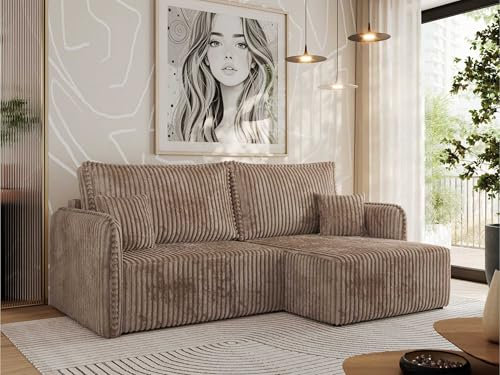 MKS MEBLE Ecksofa mit Schlaffunktion, Sofa L-Form, Schlafsofa mit Bettkasten, Bettsofa - Braun Cord - Mesto L - Rechts
