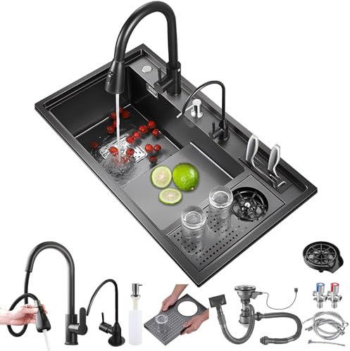 DSMRLEOP 86x50cm Schwarze Küchenspüle, Bar Spüle Aus Edelstahl Mit Ausziehbarem Wasserhahn, 1 Becken Bauernhausspüle Mit Einzelbecken, Mit Tassenspüler, Seifenspender Und Komplettem Abflussset