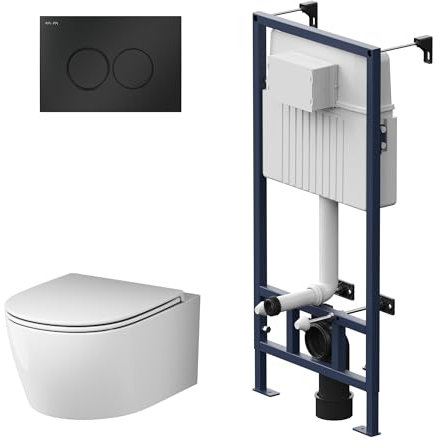 AM.PM - Hänge WC Komplettset, Vorwandelement WC Set Komplett Vormontiert (ProC) + Wand WC Weiß ohne Spülrand (X-Joy S) + Drückerplatte + WC-Sitz mit Absenkautomatik, Toilette Komplett Set