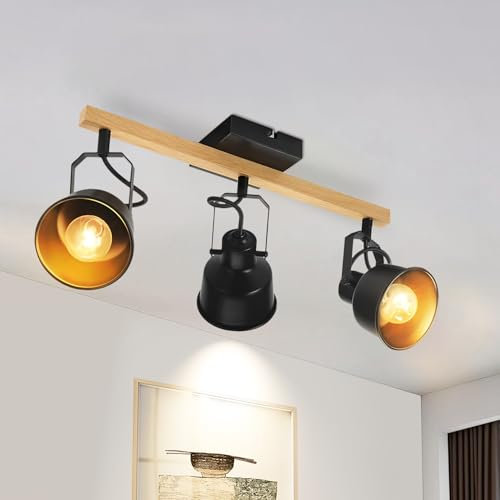 Deckenstrahler 3 Flammig, Schwenkbar 350°, Vintage Deckenlampe LED Deckenleuchte, E14 Fassung Industrial Holzmaserung Spotbalken für Küche, Wohnzimmer, Schlafzimmer, Schwarz (Ohne Leuchtmittel)