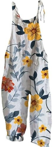 EMUKFD Salopette da donna UK gamba larga Boho stampa tuta floreale vestibilità ampia tutina cotone lino estate spiaggia senza maniche tutine salopette salopette tuta traspirante ampia casual vacanza