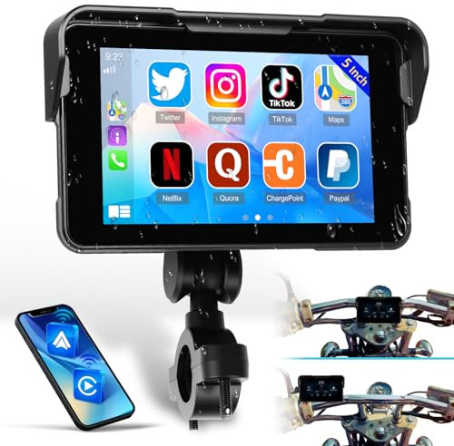 Pantalla Carplay Portátil para Motocicleta, Carplay Inalámbrico y Android Auto para Motocicleta, Pantalla Táctil Impermeable IP68 de 5 para Motocicleta, Compatible con GPS, Enlace Espejo, Bluetooth