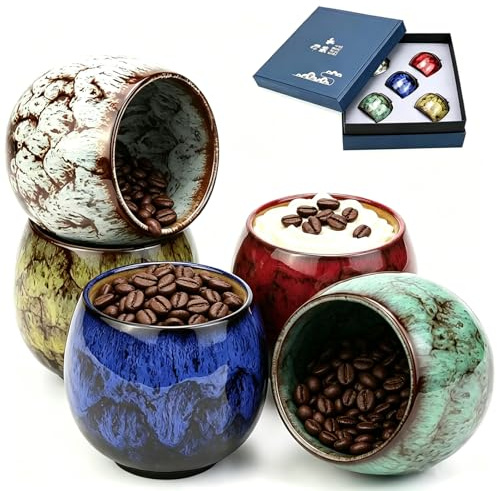 Juego de Tazas de Café Espresso, 5 Piezas de Cerámica, Tazas de Espresso de 110 ml, Tazas de Espresso de Pared Gruesa, Sin Asa, para Moca, Macchiato, Té, Regalo para Hombres y Mujeres