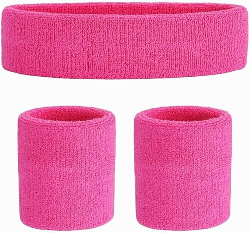 COSHAL 1 Stirnband und Handgelenkbänder für Damen, Fitnessstudio, Training, Sport, Neon-Schweiß, 80er-Jahre-Kostüm-Zubehör, Neon, 1 Stirnbänder und 2 Armbänder, Sportzubehör, Rosa