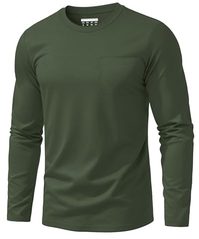 EKLENTSON Mens Long Sleeve T Shirt Cotton Casual Pocket Tops Breathable Work Round Neck Shirts Summer Army Green M