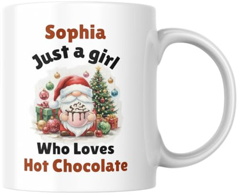 Personalised Gnome Mug, Just a Girl who Loves Hot Chocolate, Festive Xmas Eve Gift, Hot Chocolate Movie Mug, Christmas Favors, Gift for Kids