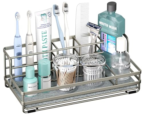 HapiRm Toothbrush and Toothpaste Holder with Instant Drying Stone, 5 Slots | Stainless Steel Countertop Electric Toothbrush Holder, 10.63×4.92×4.13 inch Tooth Brush Holder for Bathroom Accessories