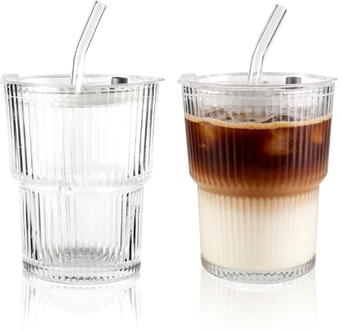 unbholkk 2 Stück 400ml Trinkbecher mit Deckel und Strohhalm, Matcha Gläser Trinkbecher mit Strohhalm und Deckel, für Cappuccino, Latte, Tee, EIS, Eistee, Iced Americano, Milch, Saft