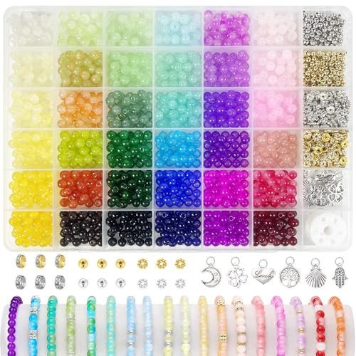 Redamancy 1435 Piezas, 36 Colores, Cuentas de Cristal Redondas de 6mm, Kit de Abalorios para Hacer Pulseras DIY, Incluye Caja y Dijes de Regalo
