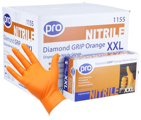 PRO Diamond Grip Orange 8g Nitrile Gloves, Heavy Duty, XXL - 500 Pack | Puncture-resistant, textured grip for wet/oily use. EN ISO 374 certified. Latex-free, powder-free. For Mechanics & Industry.