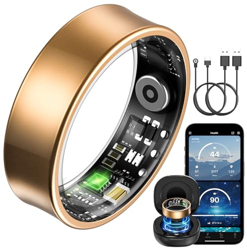 BANLVS Smart Watch Ring für Herren Damen, Fitness Ring mit 24/7 Herzfrequenz HRV, SpO2 Schlaf Temp, 176 Sportmodi, IP68 Wasserdicht Smartring, APP kein ABO, für Android und iOS (Gold, 60mm(9))
