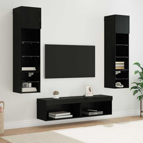 Boltkex Ensemble de meubles TV muraux aspect chêne noir en bois avec bandes LED, port USB, 14 étagères et portes à charnière, pour salon, home cinéma, espace de rangement et ordre