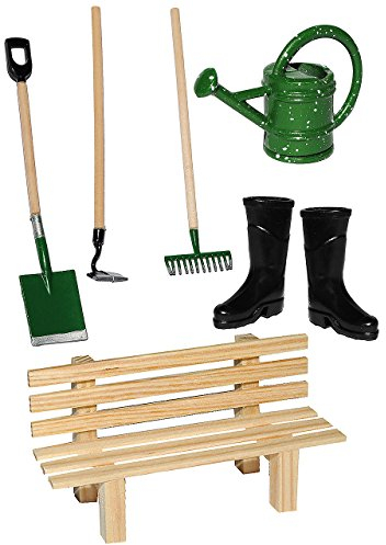 alles-meine.de GmbH 7 TLG. Set: Gartengeräte + Gummistiefel + Gießkanne + Gartenbank - Miniatur - Maßstab 1:12 - für Puppenstube - Puppenhaus - Garten Deko - Klein - Kleingarten ..