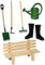 alles-meine.de GmbH 7 TLG. Set: Gartengeräte + Gummistiefel + Gießkanne + Gartenbank - Miniatur - Maßstab 1:12 - für Puppenstube - Puppenhaus - Garten Deko - Klein - Kleingarten ..