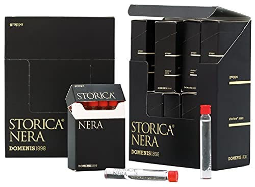 DOMENIS1898 – STORICA NERA grappa 50% vol. fialette monodose di vetro, formato TASCABILE, stecca da 10 pacchetti contenenti 10 fialette da 5 ml