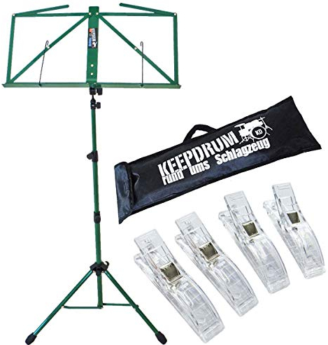 keepdrum MUS3 GR Notenständer Grün + Tasche + 4 Stück Clip Notenklammer