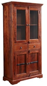 MASSIVMOEBEL24.DE Oxford Vitrine #1011 Akazie, Farbe:Dunkelbraun lackiert, Größe:90x44x180 cm (BxTxH)