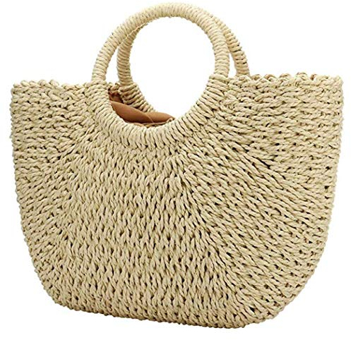 Large Tote Bag Straw Bag Woven Stripes Retro Summer Beach Bag Straw Bags for Women Hand-woven Round Handle (Beige)