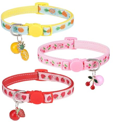 BINGPET Cat Collar Breakaway with Bell, Cute Kitten Collar | 3 Pack Adjustable Cute Kitty Collars 8-11.5in for Girl Boy Cat,Safety Quick-Release Buckle,Lightweight,Pineapple,Strawberry