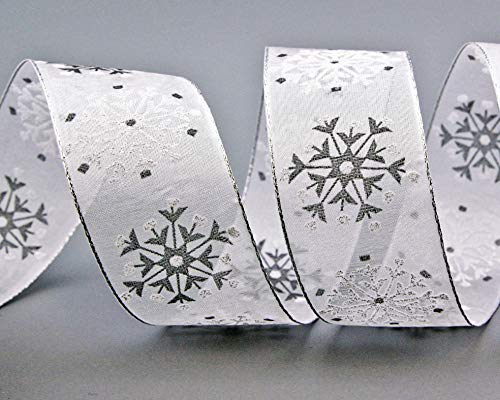 20 m x 40 mm Dekoband Snow Wonder WEISS Silber Geschenkband Schneeflocken Chiffonband mit Draht Lurex Schleifenband glänzend Winter Weihnachten