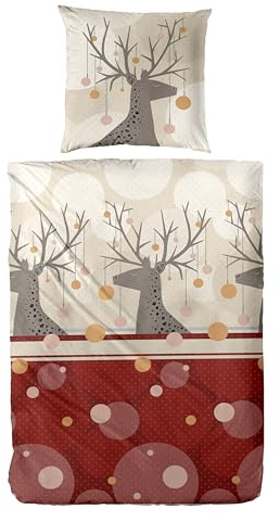 Carpe Sonno Warme Biber Bettwäsche 155x220 Baumwolle Hirsch Elch - Weihnachten Set 2 teilig Kissen und Decke | Flanell Bettwäsche 155x220 Winter | Biber Bettbezug | Winterbettwäsche kuschelig