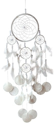 Saraswati Handgerfertigter Traumfänger Dreamcatcher Triple Shell Nylon mit Muscheln und Perlen 16x60cm