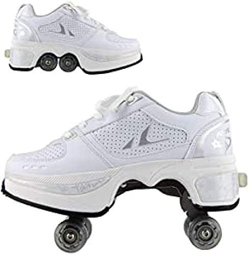 WERTYUH Rollschuhe Damen, Inliner Damen, Schuhe Mit Rollen, Kinder Rollschuhe,2-In-1-Mehrzweckschuhe, GrößEnverstellbar,weiß-32