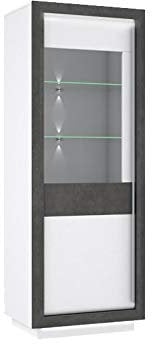 Meubletmoi Vitrine Colonne 1 Porte Bicolore Blanc et Gris, lumière LED - Design Contemporain - Collection Calvi
