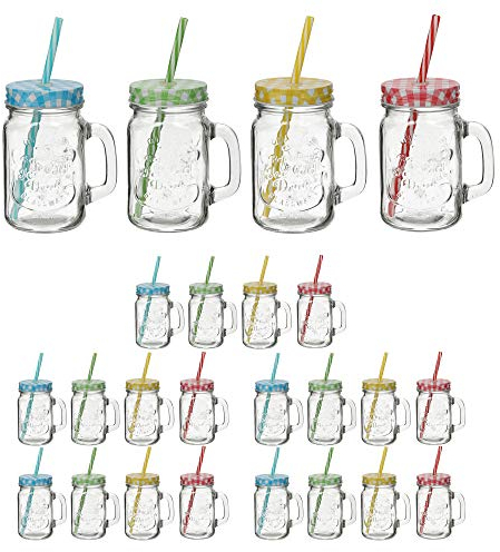 Cepewa Trinkglas 24er Set mit Deckel und Strohalm Glas Getränkeglas Outdoorglas (6 x 4er Set Trinkglas)