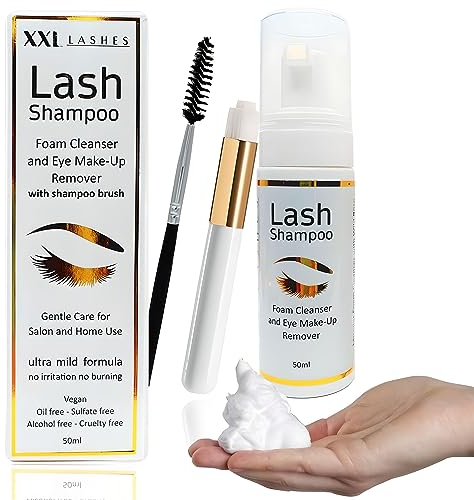 Wimpern-Shampoo für Wimpernverlängerungen, Mizellen Schaumreiniger mit Wildrose, Lash Shampoo mit Schaumdüse, Wimpernpflege inkl. Pinsel, Makeup- und Augenlid Reiniger für Wimpern, 50 ml