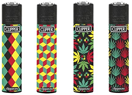 Clipper Classic Original Feuerzeug Feuerzeuge Karo Weed Gras Bunt - Look Leaves - 4er Set + Clipper DHOBIA Feuerzeug