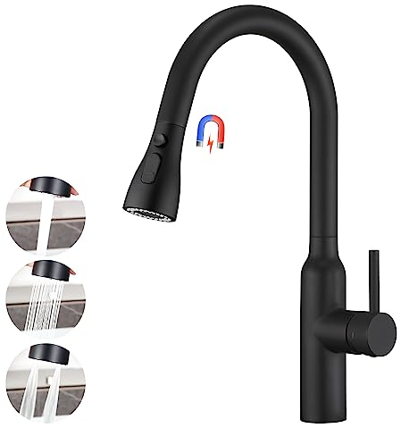 CREA Hoher Bogen Küchenarmatur mit 3 Wasserstrahlarten Brause ausziehbar, Einhebelmischer Hochdruck Armatur Wasserhahn Spültischarmatur Spülenarmatur Küche 360° Drehbar aus Edelstahl schwarz matt