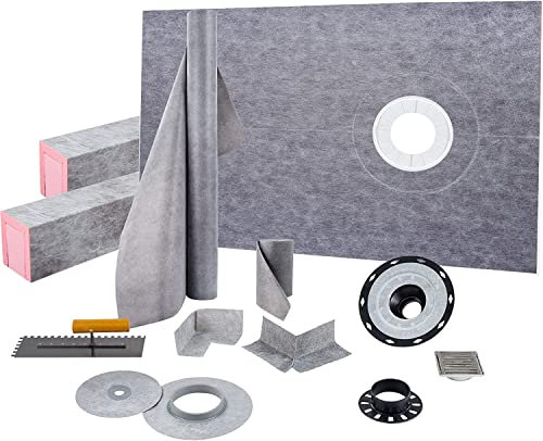 VEVOR Kit receveur de douche 965x1524 mm seuil de douche étanche avec drain décalée ABS, grille acier inoxydable 10 cm, 2 bordures de douche et truelle découpables, bac de douche pour salle de bain