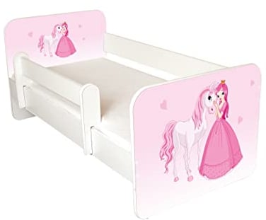 AS-TOR Kinderbett Jugendbett Igor 80x160cm mit Matratze und Abnehmbarem Geländer - Bett Schlafzimmer Kindermöbel Kinderbetten für Mädchen Junge, Massivholz, Solide Sicher, Rosa Prinzessin