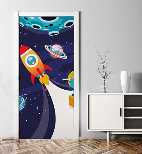 MyMaxxi - Tür bekleben mit Türtapete Türposter Türfolie Selbstklebend 90x200 Spielspaß im Weltall mit Kindern - Tür verschönern Türaufkleber Türklebefolie Planeten Kindergarten blau weiß